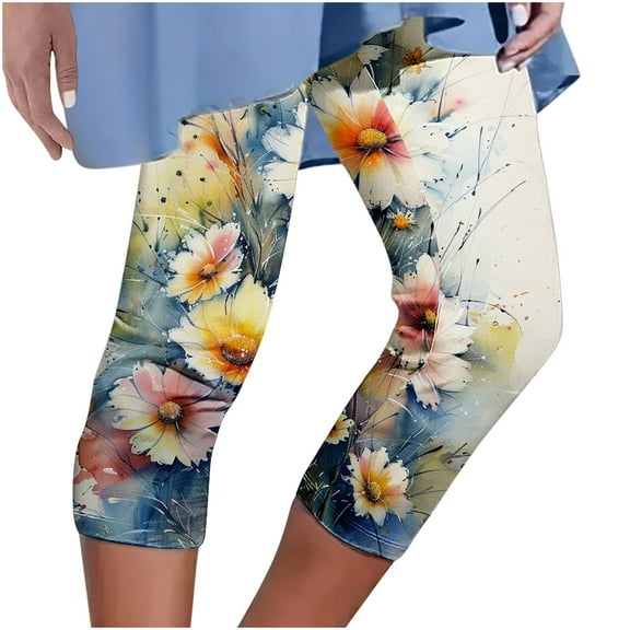 Capri Leggings for Women Fashion Floral Printed High Waist Workout Lounging Yoga Pants Running Gym Leggings (M, Blue)