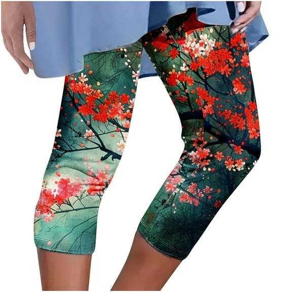 Capri Leggings for Women Fashion Floral Printed High Waist Workout Lounging Yoga Pants Running Gym Leggings (M, Green)