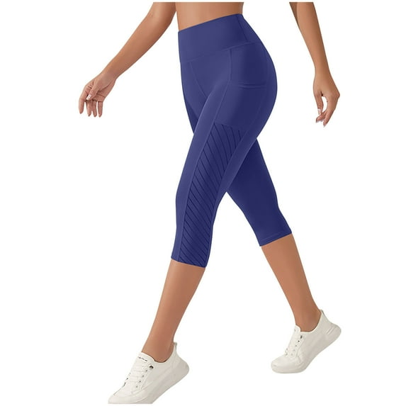 Capri Leggings for Women High Waist Hip Lifting Yoga Pants with Pockets Workout Running Fitness Leggings (L, Navy)