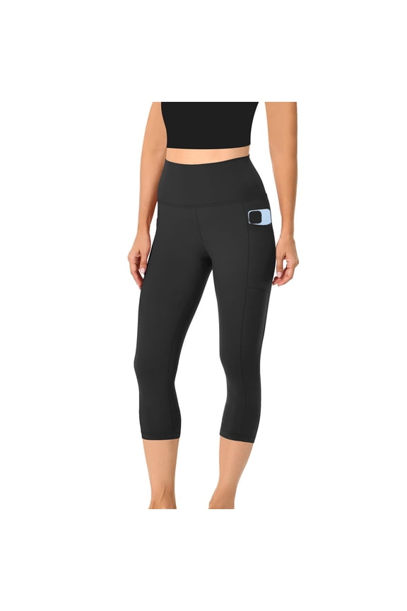 Capri Leggings for Women High Waisted Yoga Pants with Pockets Tummy Control Cropped Pants for Running Workout Athletic Black XS