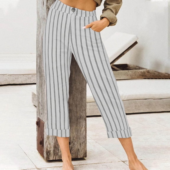 Capri Leggings for Women Ladies Casual Pants with High Waist Stripes and Elastic Belt Pockets Capris for Women Plus