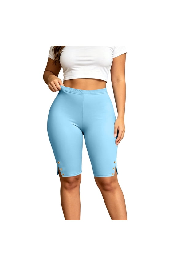 Capri Leggings for Women Plus Size Elastic Waist Yoga Pants with Split Hem Summer High Waist Workout Pants Light Blue XL