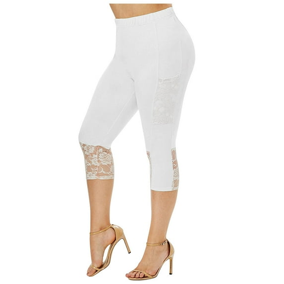 Capri Leggings for Women Plus Size Solid Lace Patchwork Elastic Waist Casual Ankle Length Legging White XXXXXL