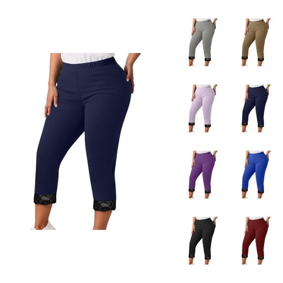 Capri Leggings for Women Plus Size Summer Casual Elastic High Waist Lace Hem Workout Yoga Cropped Capris Pants