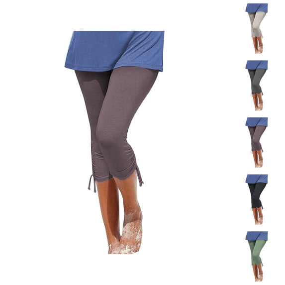 Capri Leggings for Women Spring Summer Elastic High Waist Slim Fit Ruched Hem Workout Yoga Pants Capris