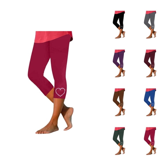 Capri Leggings for Women Spring Summer Elastic High Waist Slim Fit Shiny Love Heart Rhinestone Hem Workout Yoga Pants Capris