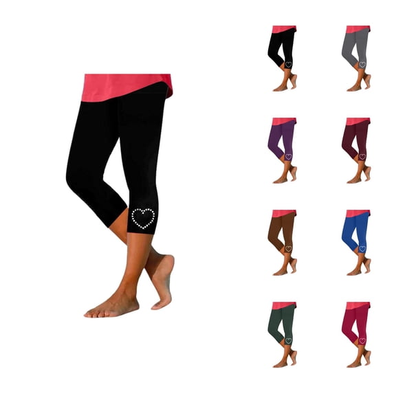 Capri Leggings for Women Spring Summer Elastic High Waist Slim Fit Shiny Love Heart Rhinestone Hem Workout Yoga Pants Capris