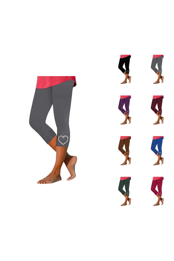 Capri Leggings for Women Spring Summer Elastic High Waist Slim Fit Shiny Love Heart Rhinestone Hem Workout Yoga Pants Capris