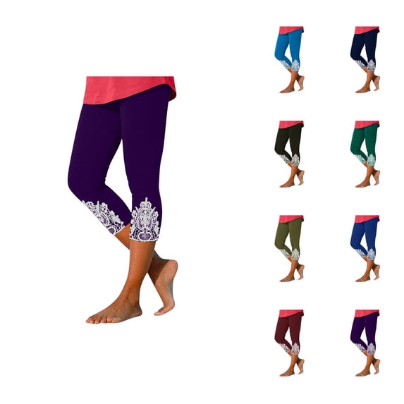 Capri Leggings for Women Summer Casual Elastic High Waist Lace Hem Workout Yoga Cropped Capris Pants