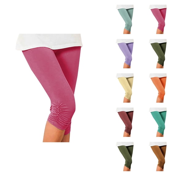 Capri Leggings for Women Summer Casual Elastic High Waist Ruched Hem Workout Yoga Cropped Capris Pants