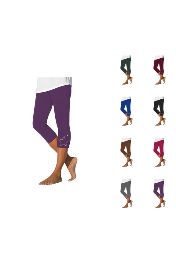 Capri Leggings for Women Summer Casual Elastic High Waisted Cute Rhinestones Pentagram Workout Yoga Cropped Capris Pants