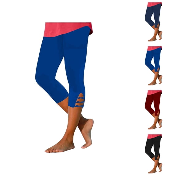 Capri Leggings for Women Summer Casual Elastic High Waisted Hollow out Hem Workout Yoga Cropped Capris Pants