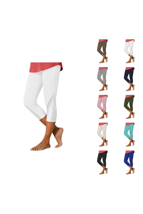 Capri Leggings for Women Summer Casual Elastic High Waisted Mesh Patchwork Workout Yoga Cropped Capris Pants