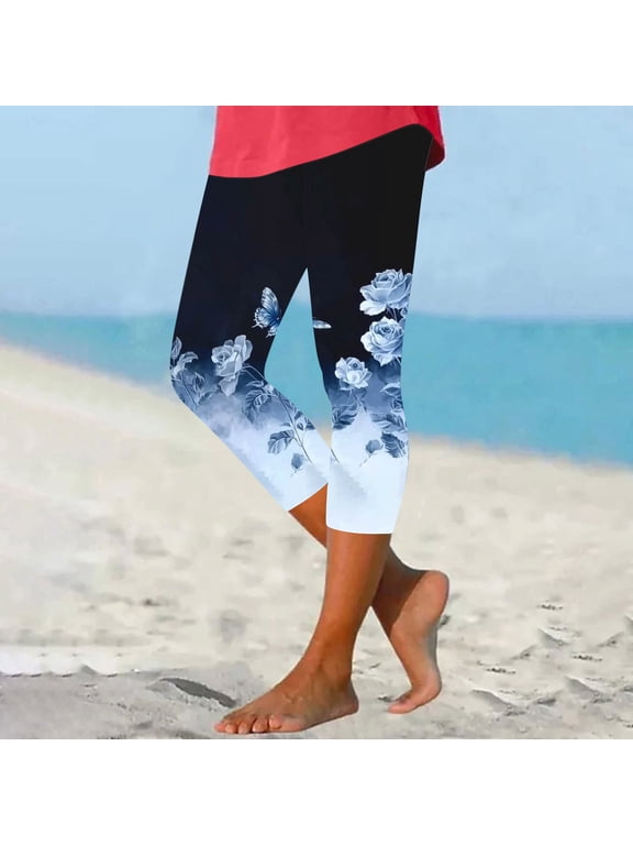 Capri Leggings for Women Summer Floral Printed Plus Size Stretch Beach Vacation High Waist Soft Capris Pants (XL, Black)