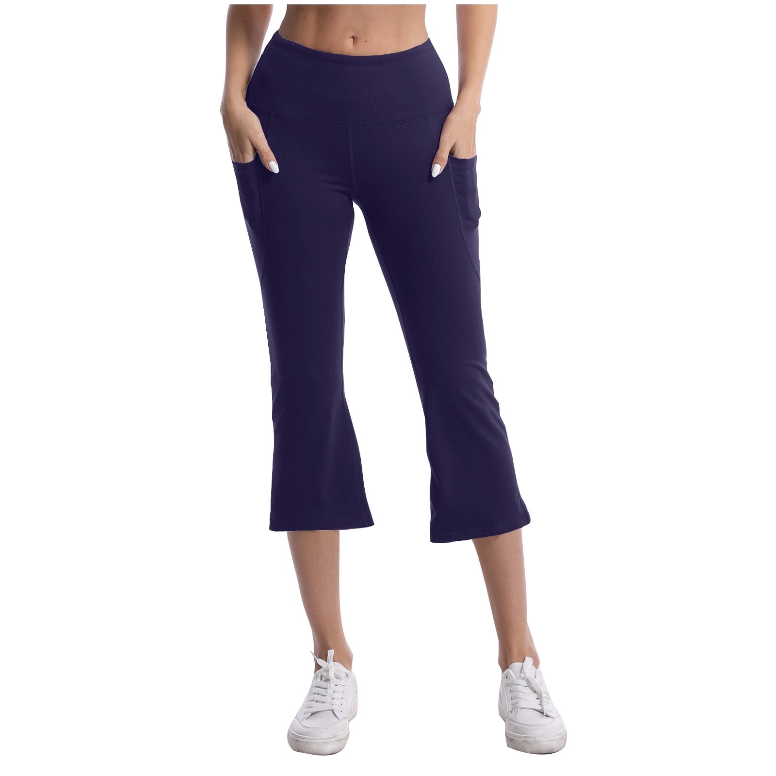 Leggings Depot Women's High Waist Yoga Leggings With Tummy Control - Capri Length, Navy, Medium