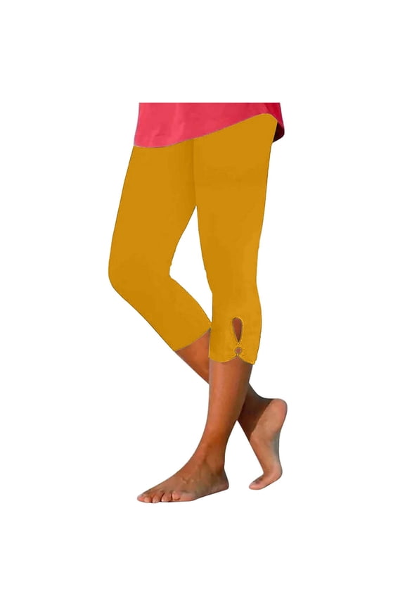 Capri Leggings for Women Tight Athletic Slimming High Waisted Keyhole Bottom Capris Pants Comfort Stretchy Workout Trousers, Yellow, M