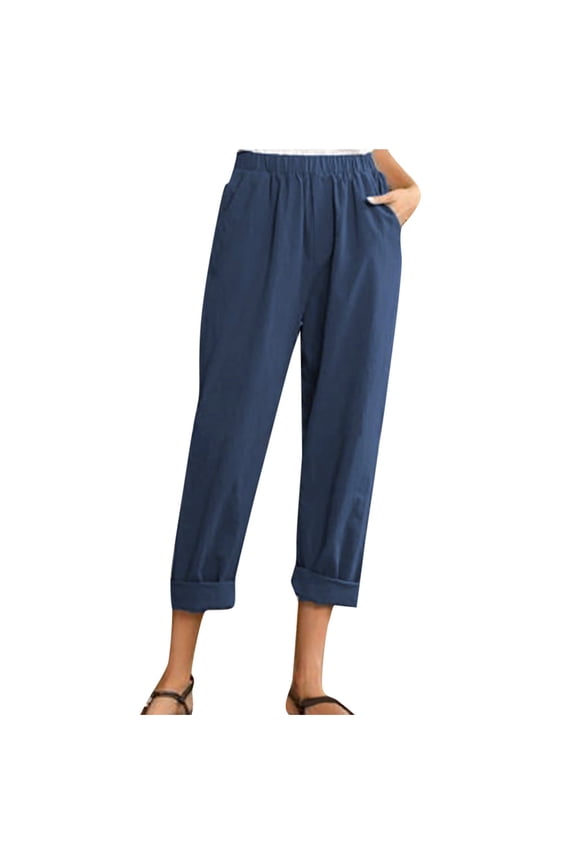 Capri Leggings for Women Women Summer Pants Casual Pure Color Elastic Waist Linen Pockets Ankle Pants