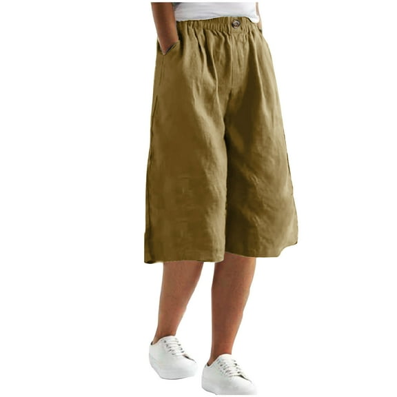 Capri Yoga Pants for Women Capris Pants Summer Elastic Waist Buttons Casual Linen Pockets Pants