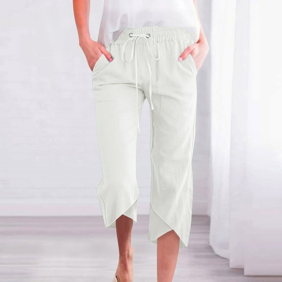 Capri Leggings for Women, Womens Casual Color Elastic Loose Pants Straight Wide Leg Trousers With Pocket White 3XL