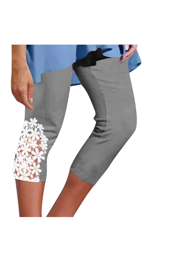 Capri Leggings for Women with Floral Lace Bottom Summer Beach Capris Slim Fit Casual Travel Tight Cropped Pants (2XL, Gray)