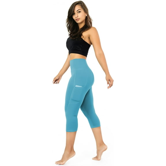 Capri Leggings for Women with Pockets, Extra Buttery Soft for Casual, Yoga, Fitness wear, High Waist, Milky Blue XS - M