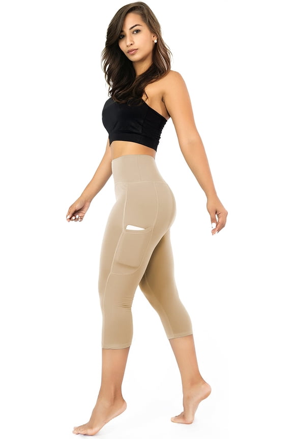 Capri Leggings for Women with Pockets, Extra Buttery Soft for Casual, Yoga, Fitness wear, High Waist, Warm Sand M - XL