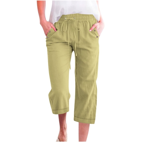 Capri Linen Pants Womens Casual Plus Size Capris with Pockets Wide Leg Drawstring Elastic Waist Cropped Pants, Green 2XL