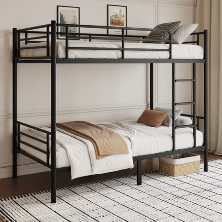 Capri Metal Twin over Twin Size Bunk Bed Frame with 10.63'' Under-Bed Storage & Stairs & Full-Length Guardrail, Noise Free, Heavy-duty, Black