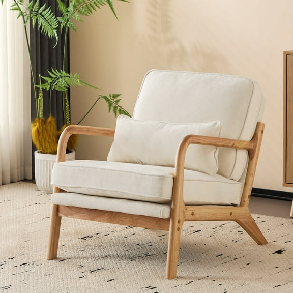 Capri Modern Reading Chair, Solid Wood Accent Arm Chair, Upholstered Sofa Side Chair with Lumbar Pillow, Armchair for Living Room Bedroom Guest Room, Beige/A