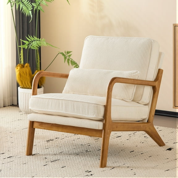 Capri Modern Accent Chair, Mid-Century Solid Wood Arm Chair, Upholstered Reading Chair with Lumbar Pillow, Sofa Side Chairs for Living Room Bedroom Guest Room, Beige Stripe