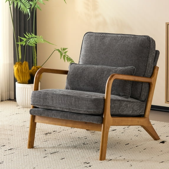 Capri Modern Accent Chair, Mid-Century Solid Wood Arm Chair, Upholstered Reading Chair with Lumbar Pillow, Sofa Side Chairs for Living Room Bedroom Guest Room, Dark Gray