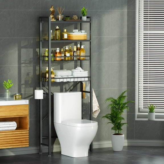 Capri Over The Toilet Storage, 4-Tier Freestanding Bathroom Shelf, above Toilet Space Saver Rack, Black