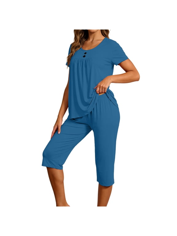 Women's Solid Color Capri Pajama Set Short Sleeve Top Capri Pants Soft Sleepwear Loungewear Sky Blue