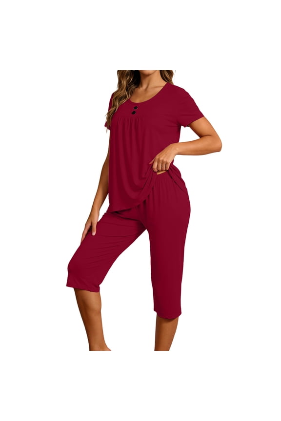 Women's Solid Color Capri Pajama Set Short Sleeve Top Capri Pants Soft Sleepwear Loungewear Wine