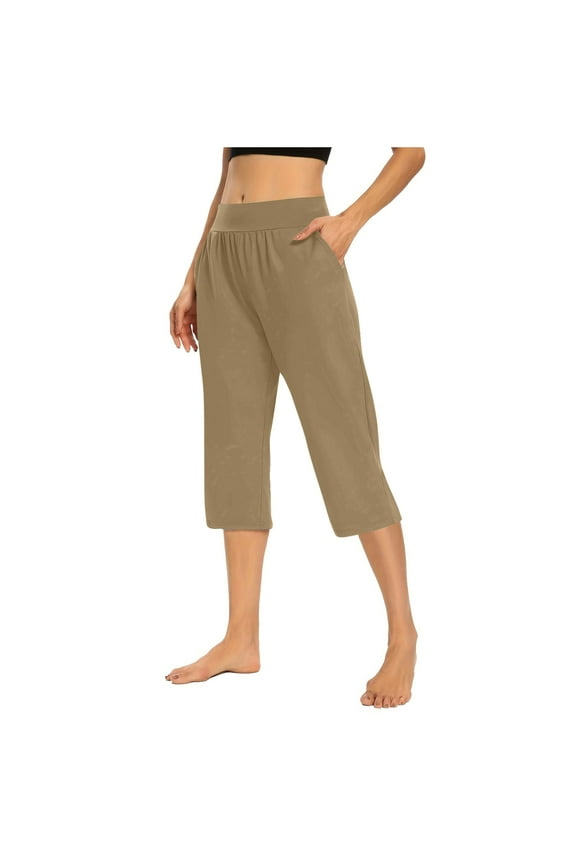 Capri Palazzo Pants High Rise Casual Spandex Cotton Capris Wide Leg Yoga Workout Cropped Pants with Pockets (XL, Coffee)