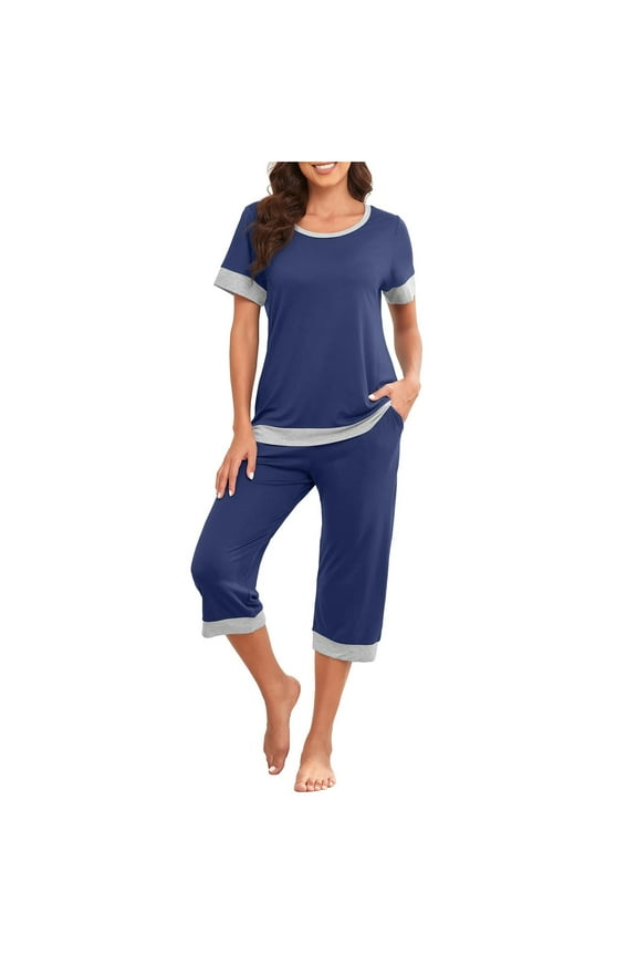Capri Pant Loungewear Set for Women 2 Piece Lounge Sets Patchwork T-Shirt with Capris Womens Clothes