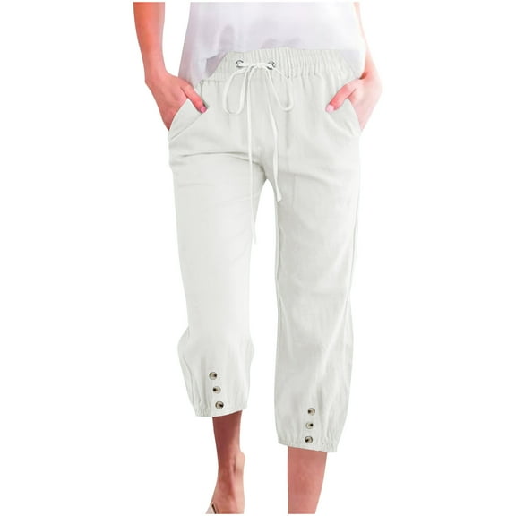 Capri Pant for Women Plus Size White Capris Drawstring Elastic Waist Casual Print Cropped Pants