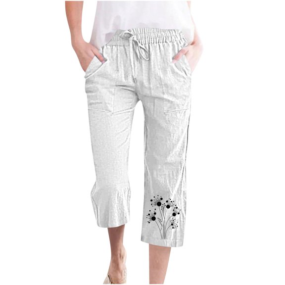 Capri Pant for Women Plus Size White Capris Drawstring Elastic Waist Casual Print Cropped Pants