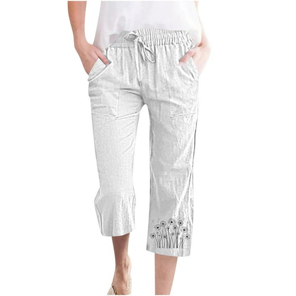Capri Pant for Women Plus Size White Capris Drawstring Elastic Waist Casual Print Cropped Pants
