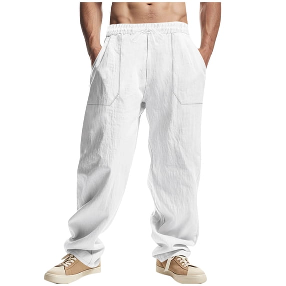 Capri Pants For Men Cotton Lined Wide Leg Summer Pants Drawstring Elastic Waist Casual Loose Wide Leg Pants Drawstring Pockets White