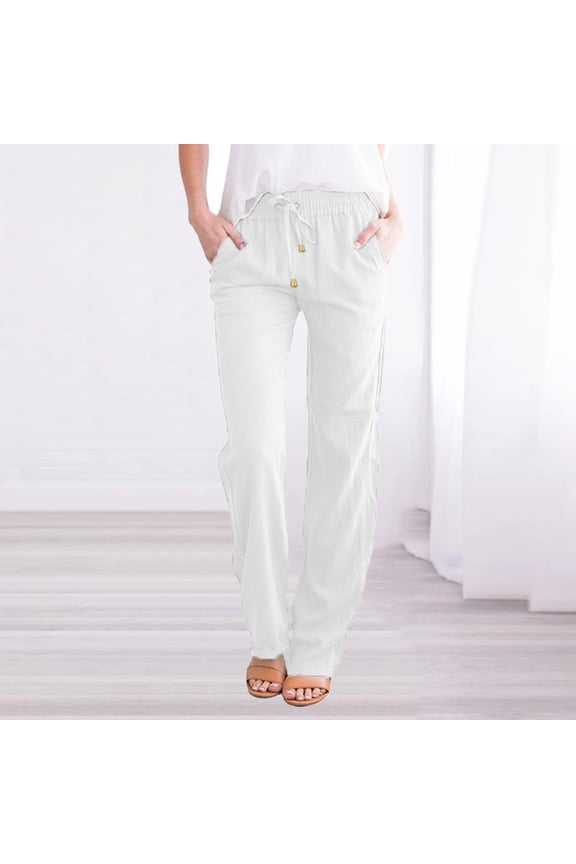 Capri Pants For Women And Straight Solid Elastic Long Drawstring Linen Waist Cotton Casual White L