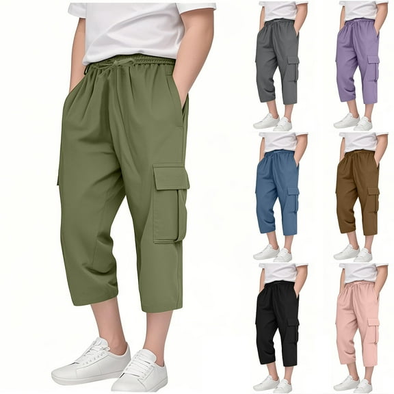Capri Pants for Girls Boys Drawstring Elastic Waist Comfy Cargo Pants Cotton Linen Capri Pants Kids Fashion Summer Preppy Cropped Pants Wide Leg Lightweight Capris with Pockets Green 12 Years