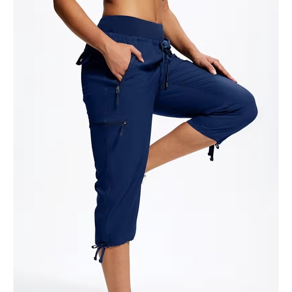 Capri Pants Solid Color Drawstring Elastic Waist Casual Cargo Cropped Pants with Zipper Pockets for Enhanced Security During Active Use Womens Capri Pants