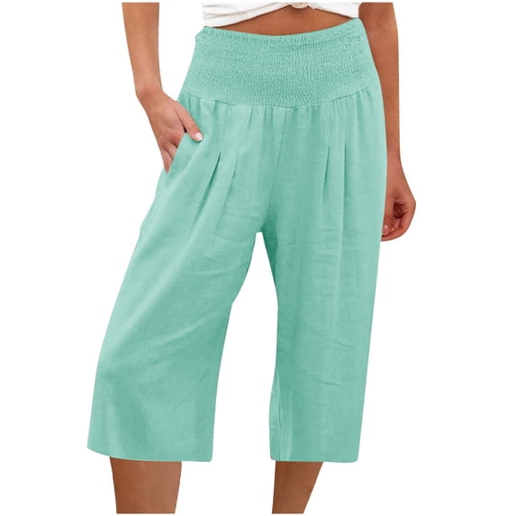 Capri Pants for Women, 3/4 Length Wide Leg Elastic Waist Casual Pants Loose Comfy Cotton Linen Cropped Trousers Lightweight Solid Color Joggers Tracksuit Bottoms with Pockets