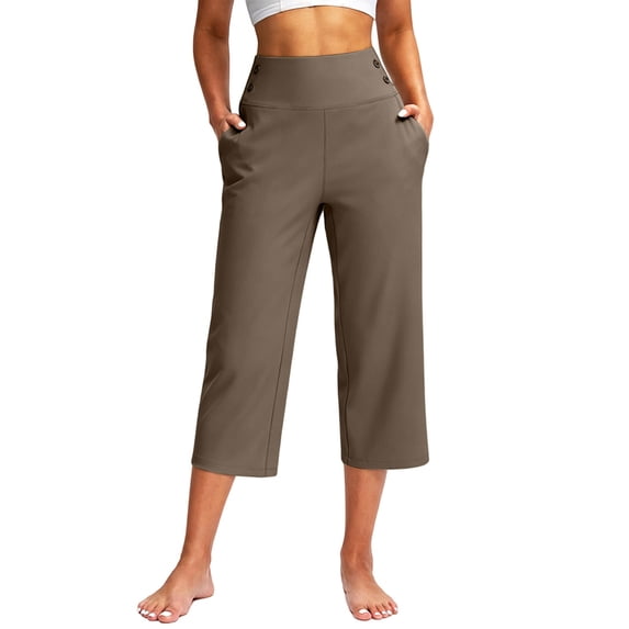 Capri Pants for Women BWASD Elastic Waist Loose Fit Casual Pant with Pockets Lightweight Breathable Wide Leg Trousers Casual Outdoor Work Summer Trendy (Coffee 5XL)