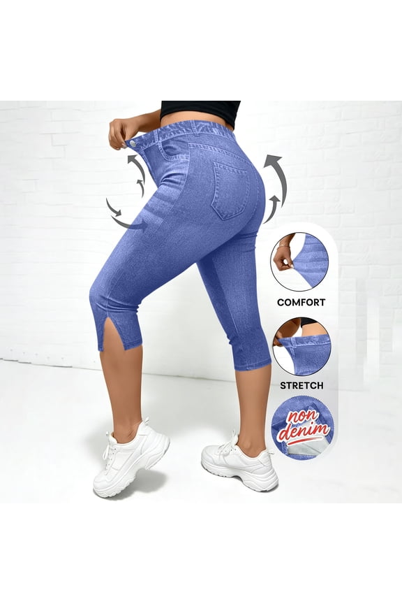 Capri Pants Women Button High Waist Slim Fitting Stretch Side Split Crop Pants Casual Vintage Trousers Fashion