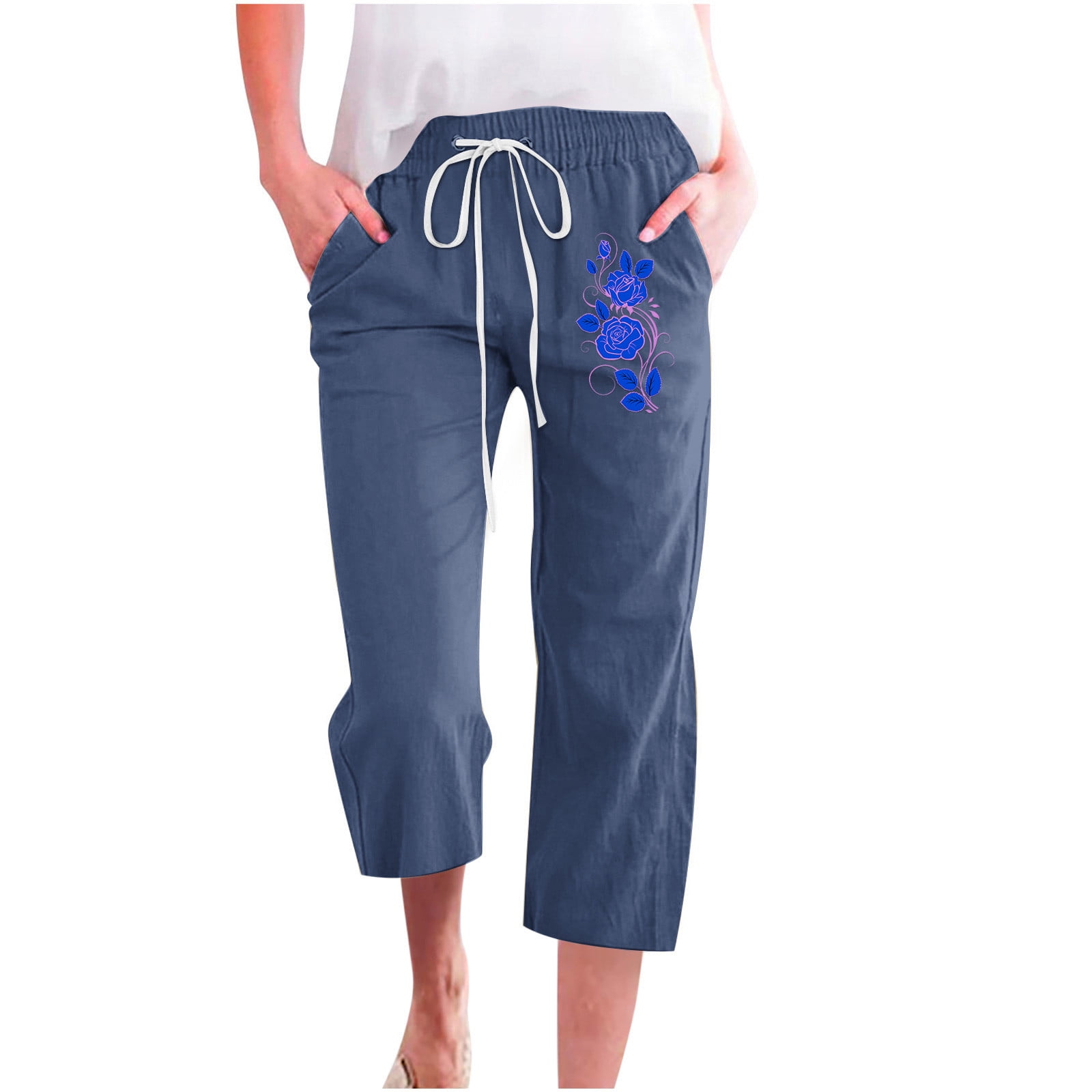 Capri Pants for Women Casual 3/4 Length Print Elastic Waist Drawstring ...