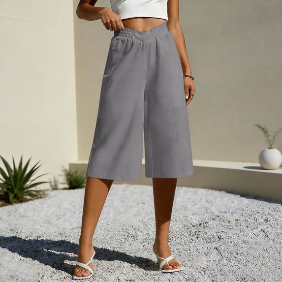 Capri Pants for Women Cotton Linen Wide Leg Cropped Pants Summer Solid Color Casual Loose Elastic Waist Palazzo Trousers with Pockets Beach Vacation Outfits