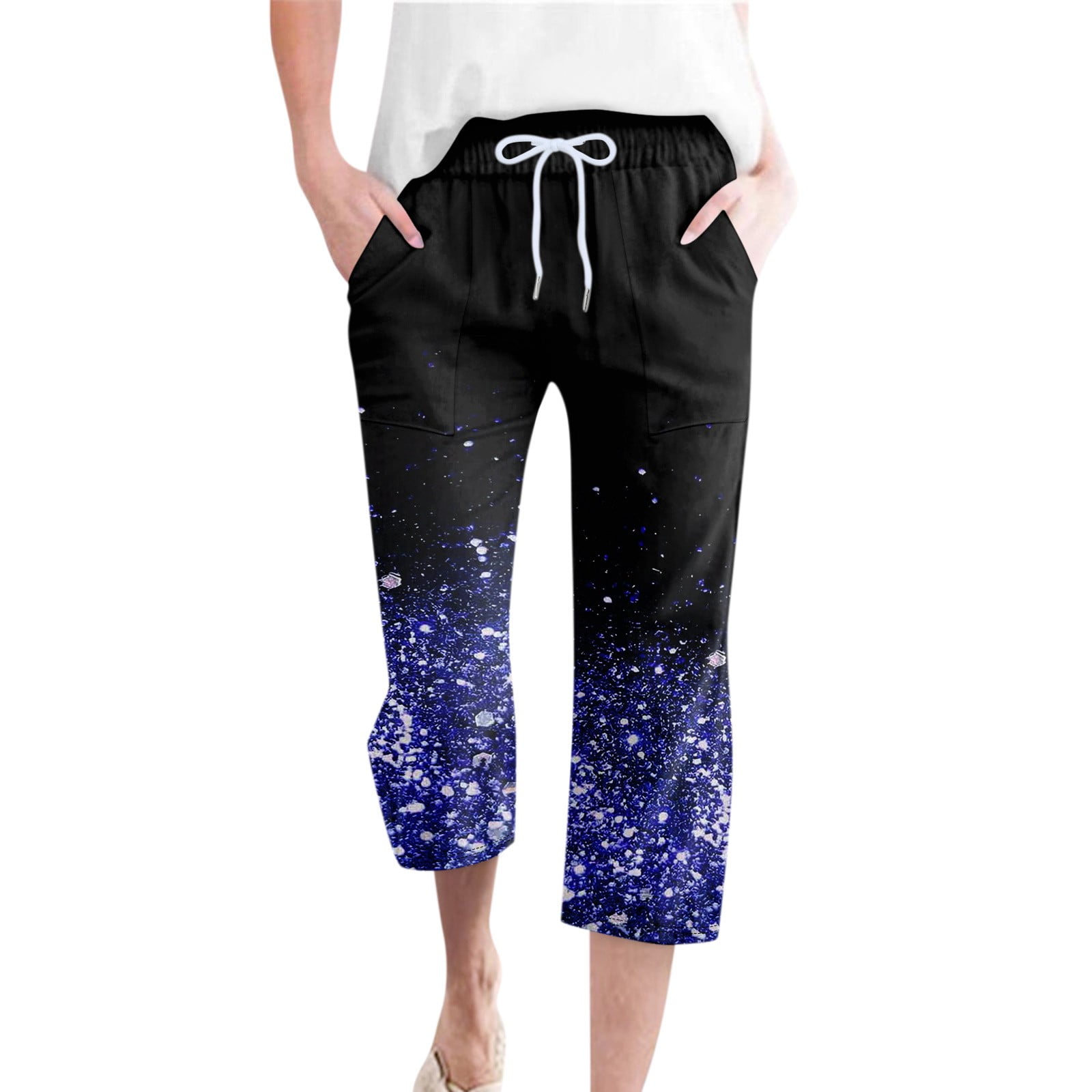Capri Pants for Women Cropped Wide Leg Sweatpants Elastic High Waist