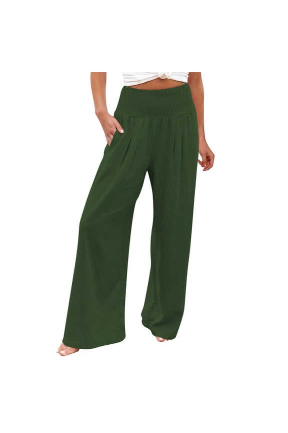 Capri Pants for Women High Waist Wide Leg Palazzo Pants For Women Smocked Elastic Waist Loose Comfy Casual Pajama Pockets Comfy plus Size plus Size Casual Rompers Straight Leg Corduroy Green 5XL